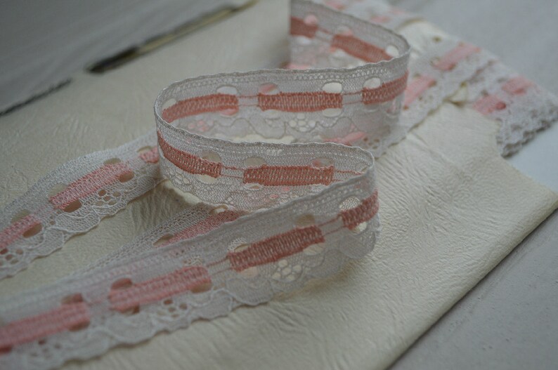Unused English 1940s Nylon Lingerie Lace Ivory with Pink 36 yards, 0.75 inches wide image 1