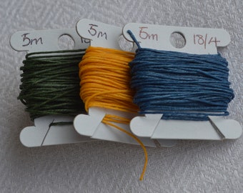 5 metres of Crawford's waxed Linen thread 18/4, yellow, blue or green