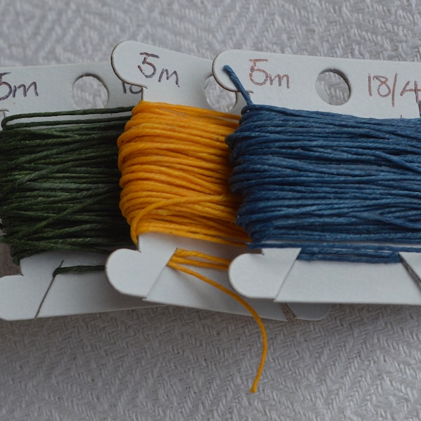 5 metres of Crawford's waxed Linen thread 18/4, yellow, blue or green