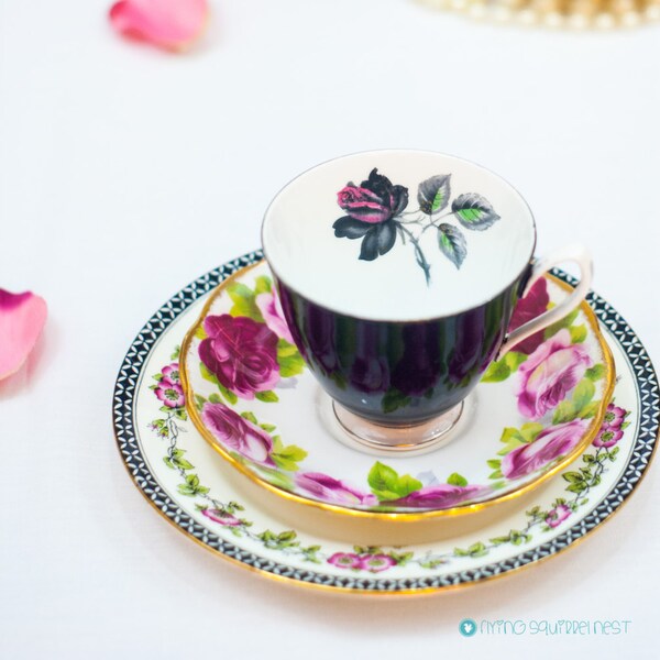 Reserved for Danielle-Absolutely Beautiful Black & English Roses-Harlequin China Teacup on Black Ground. Lovely mismatch R. Albert, Aynsley