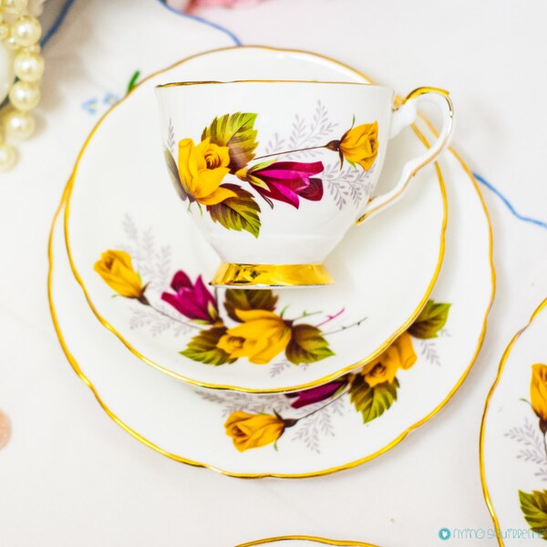 Pretty Roses & Gold Gilding English Bone China tea sets by Royal Stafford. Vintage English Teacup trio for any table c.1950