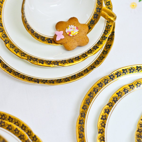 Reserved for S - Custom order- 2 x Elegant Royal Stuart China Black & Gold Trio Tea Set. Stunning Bone China Teacup Trio Set. England c.1950