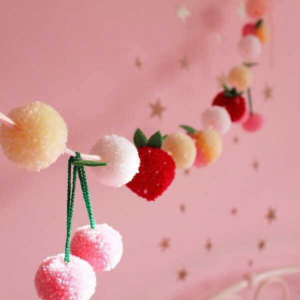 Peaches and Cream Yarn Pom Pom Garland, wreath, bunting, Delicate Pastel, strawberries