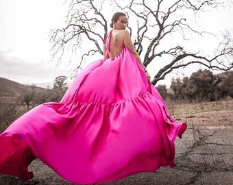 MADE TO ORDER: Open Back Flying Maxi Long Dress with Ruffles Hem Custom Colors