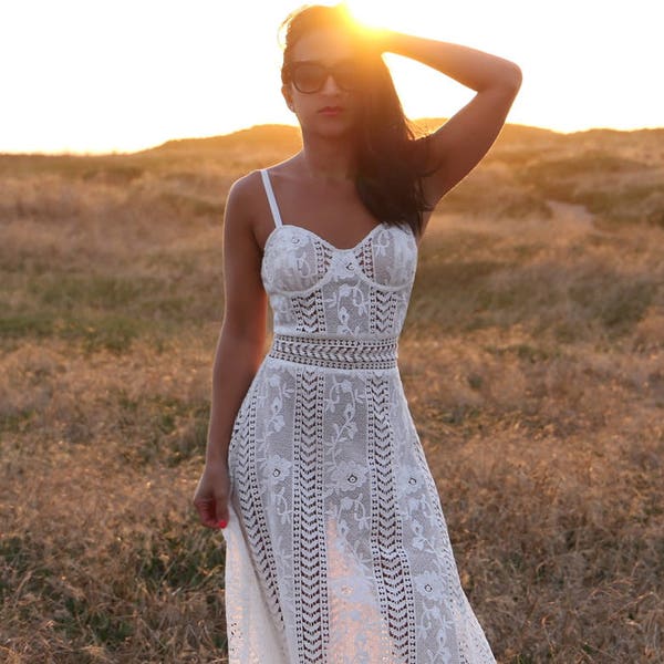 The White Lace Maxi Dress With Bustier Top - Small