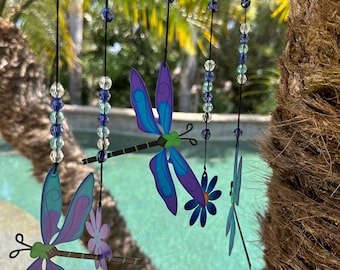 Wind Chime Sparkles in the Sun. Rainbow of Color, Metal and wood, Dragonfly & Flowers. Personalized Card. Gift for Mother. Father, Mom,