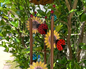 Sunflower, Ladybug Wind Chime, Free Shipping.  Personalized Card on Request. Metal, Glass Gift for  Mother. Father, Mom Friend. Upcycle Art.