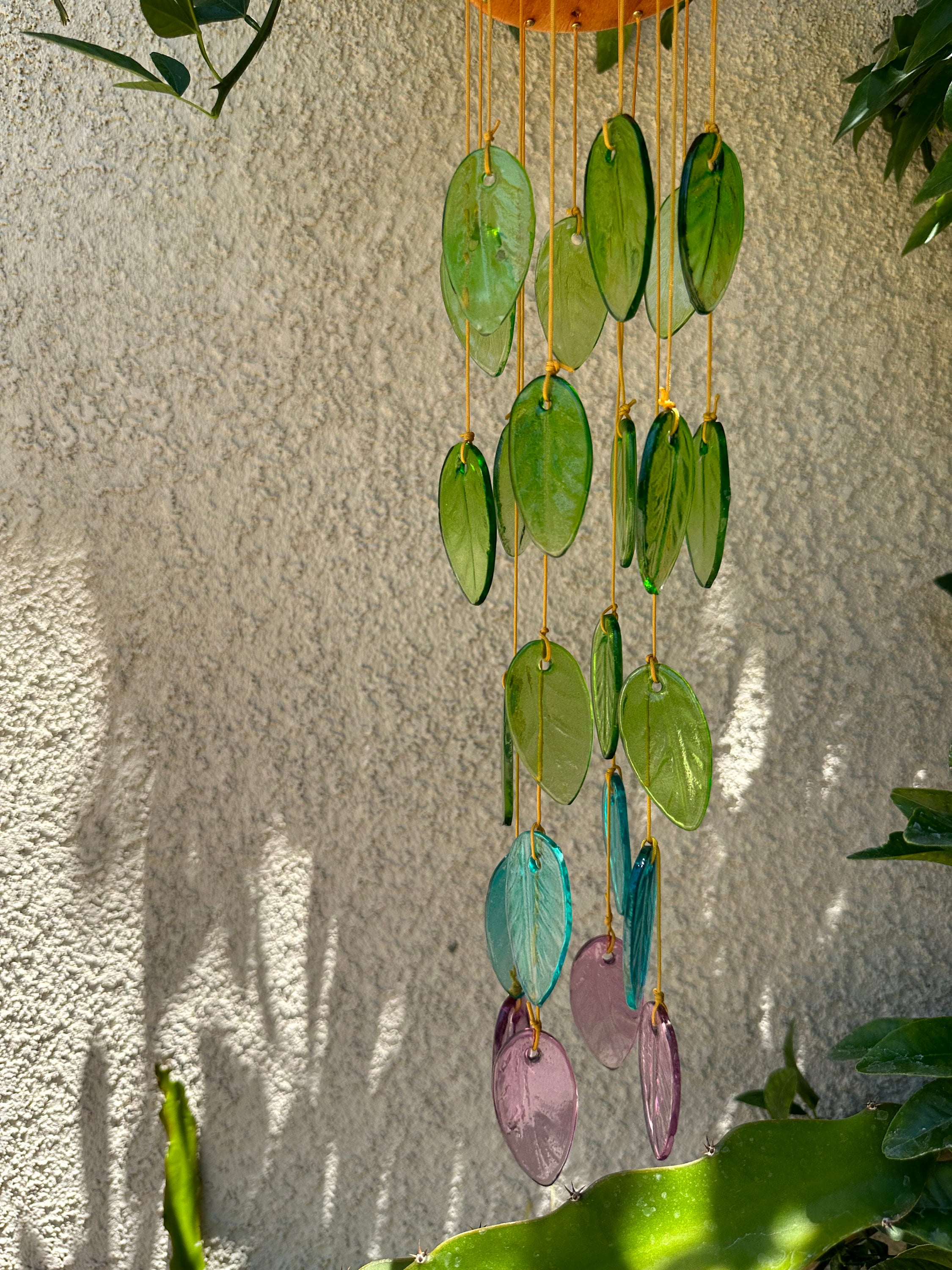 Rainbow colored Glass Leaves Wind Chime, Free Shipping.  Personalized Card on Request. Gift for  Mother. Father, Mom or Friend. Upcycle Art.