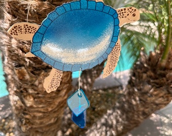 Sea Turtle Coastal Bouncy,  Motion, Suncatcher, Metal, Glass Dangles and Glitter Upcycle  Art for Her or Him Mom, Friend, Sister.