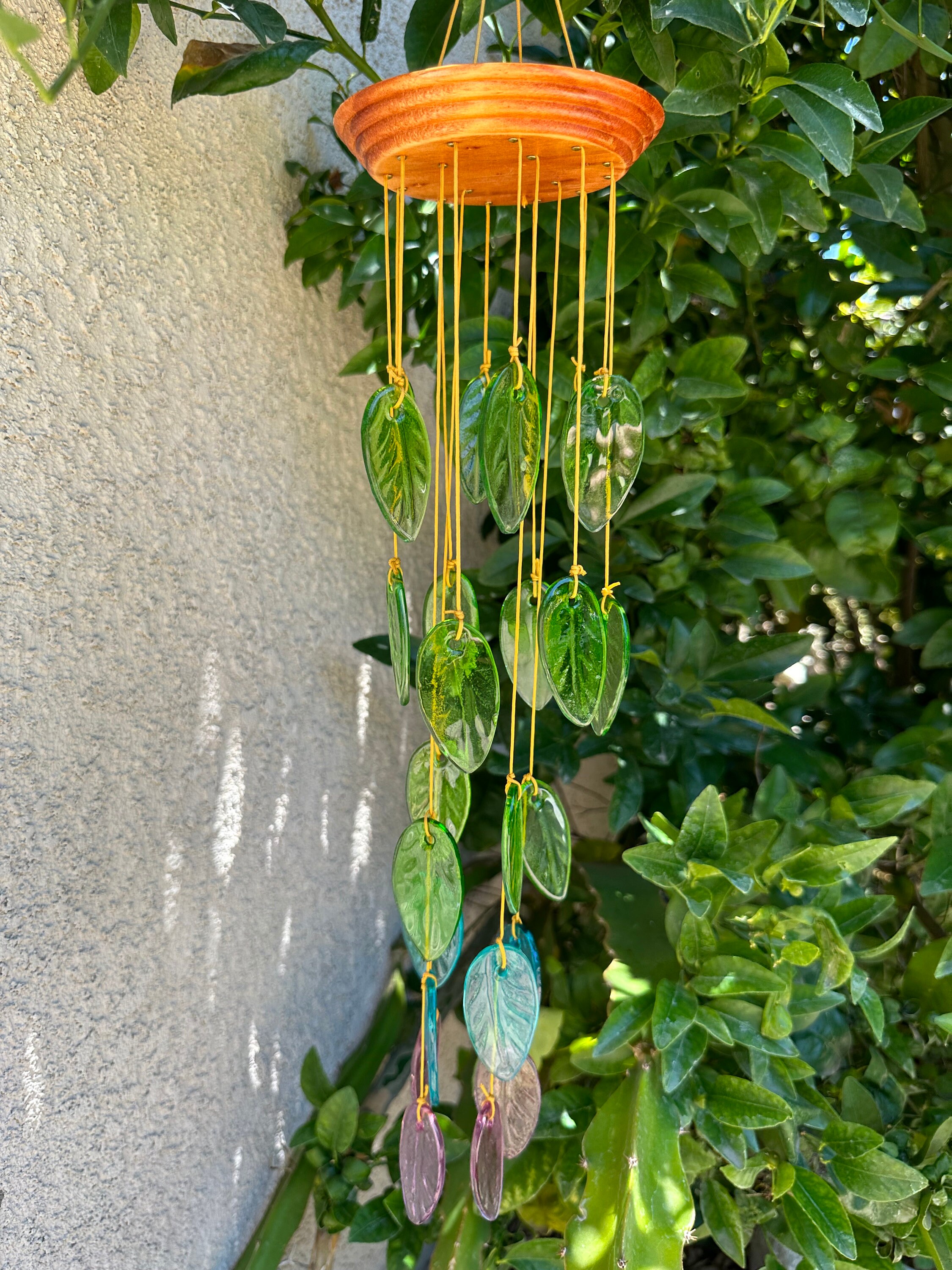 Rainbow colored Glass Leaves Wind Chime, Free Shipping.  Personalized Card on Request. Gift for  Mother. Father, Mom or Friend. Upcycle Art.