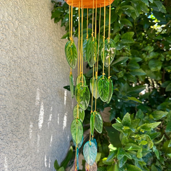 Rainbow colored Glass Leaves Wind Chime,  Glass & Wood.  Gift for Him or Her, Mother. Upcycle Art.