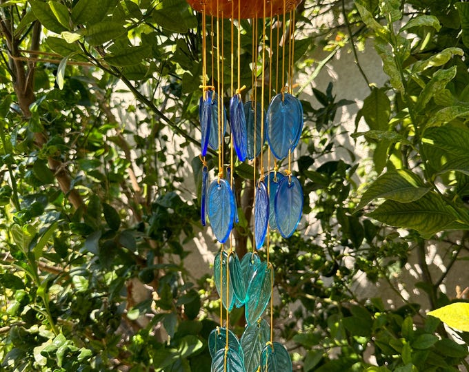 Coastal Glass Leaves Wind Chime, Beach Sea USPS Priority Shipping is Free