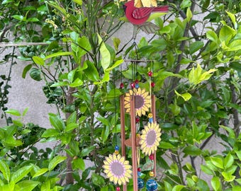 Sunflowers Cardinal , wind-chimes, Free Shipping.  Personalized Card on Request Mother&#39;s Day, Mom, Birthday,  special message.