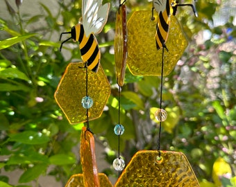 Bumble Bee Chime, Metal and Glass, Free Shipping and gift card included on requested, Bithday, Mother&#39;s Day,  Garden Suncatcher Upcycle.