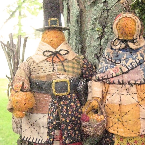 RESERVED for Lee/Anno---Primitive Pumpkin-"PILGRIMS"-original design from vintage quilt & needle felt wool w/handmade adornments.