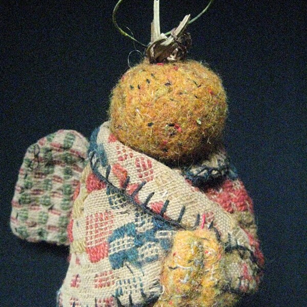 Primitive Pumpkin “HARVEST ANGEL” an original folk art design hand sewn from 1800’s antique American coverlets & needle felted wool.