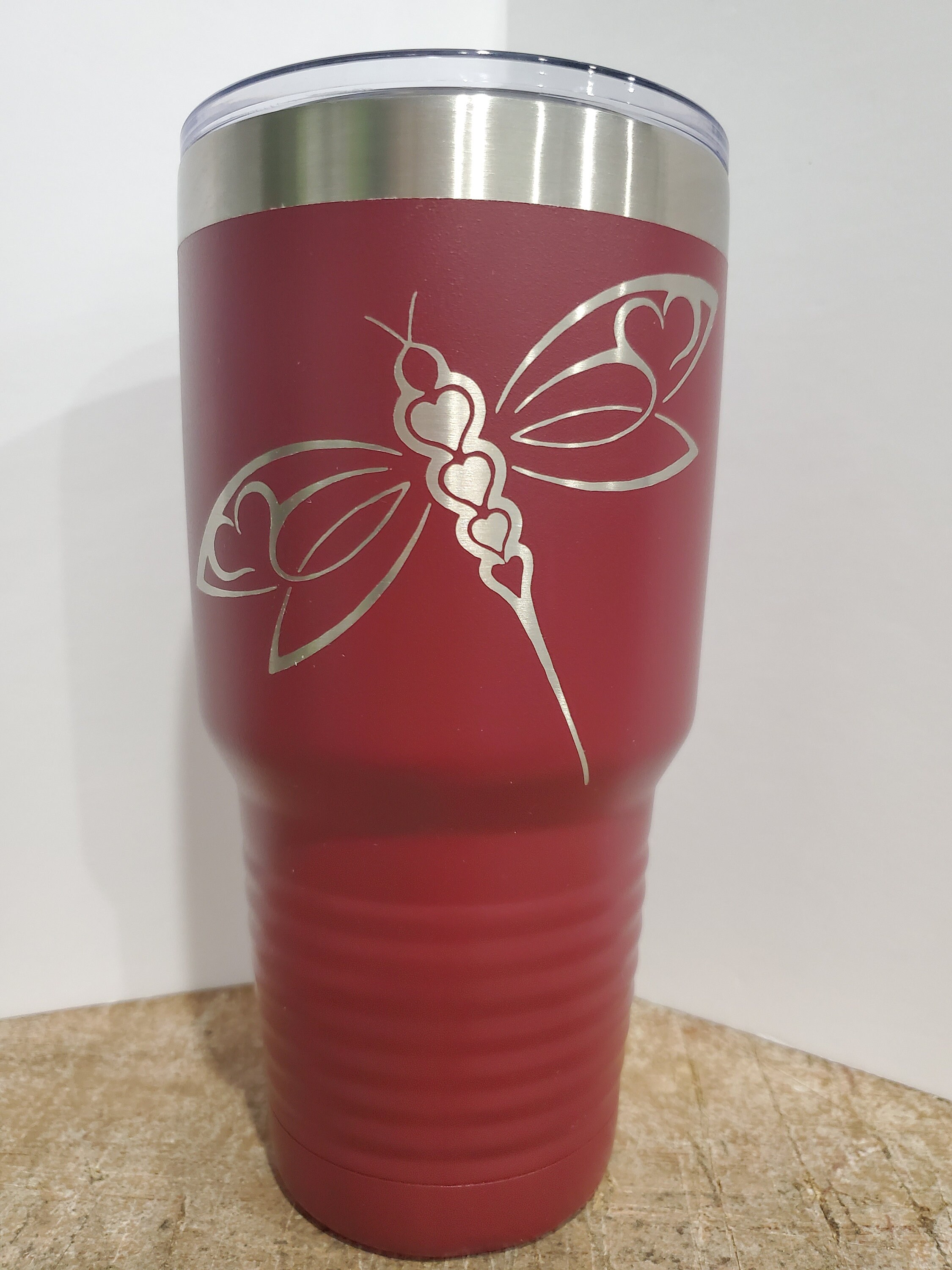 30 oz. Maroon Tumbler cup w/Clear Lid Dragonfly design Etsy