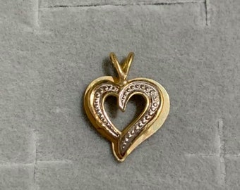 Small Diamond Accent Open Heart Pendant Charm 10K Yellow Gold with Rhodium - Gold Heart Pendant Charm - Estate