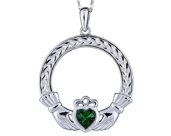 Emerald CZ Sterling Silver Claddagh Pendant Necklace, Irish Jewelry