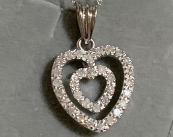 Diamond Pave Double Heart Necklace Pendant 1/4 ct tw Round-cut 10K White Gold 18" Rope Chain NEW Vintage