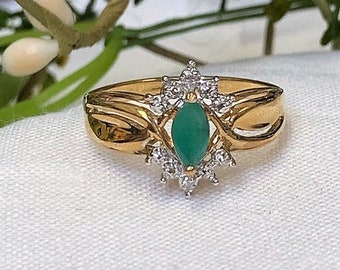 Vintage Estate Genuine Marquise Emerald and Diamond 10K Gold Ring