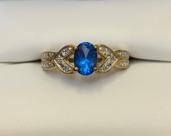 Vintage Estate Diamond and Created Blue Topaz 10K Gold Engagement Ring