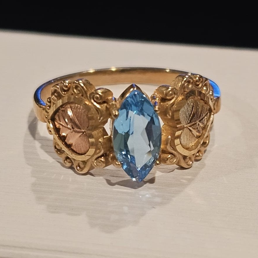 Vintage Black Hills Gold Coleman Ring – 10K Blue Topaz Marquis - Main Image
