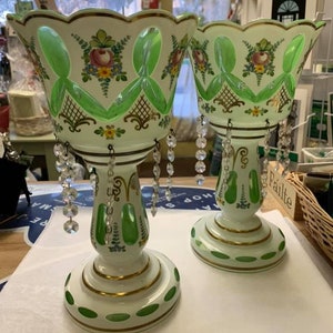 Antique Victorian Czech Bohemian Green Glass Mantel Lusters - Pair of 2 - 1800s Antique (Missing one strand of Crystals) Orginal Label