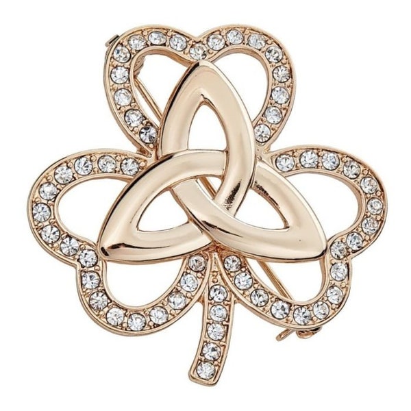 Gold Shamrock Brooch - CZ Golld Plated Shamrock Pin