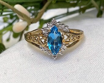 Vintage Estate Marquise Swiss Blue Topaz and Diamond 10K Gold Filigree Engagement Ring Size 6