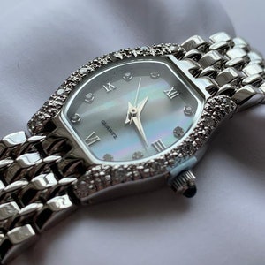 Ladies Diamond .24 ct Mother Of Pearl Dial Steel Watch Quartz Movement / Vintage NEVER Worn NEW with Box Wrist Watch