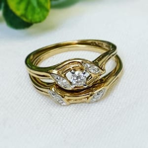 Minimalist Engagement Ring Set 10k yellow gold Simple Leaf CZ engagement ring set Wedding  Delicate Women Bridal Promise Anniversary