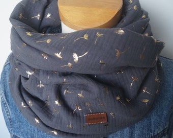 Loop scarf muslin dark grey dandelions gold shiny loop