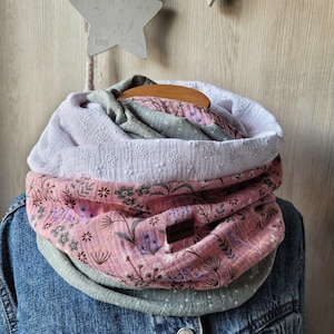 Loopschal Musselin Blümchen beere Pünktchen weiß auf mint Blumen gestickt uni weiß Loop, Umfang 133 cm