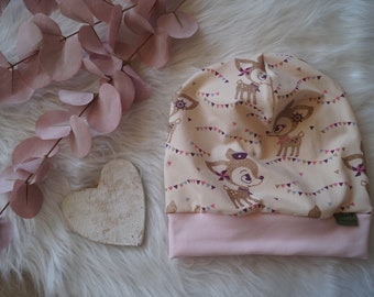 Beanie cap fawn beige gold glitter, cuffs pink