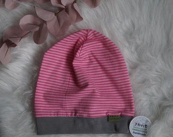 Sorfort versandbereit! Größe 48/50 Beanie-Mütze Streifen pink rosa grau