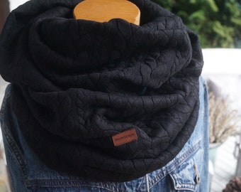 Cuddly loop black loop cable pattern loop scarf