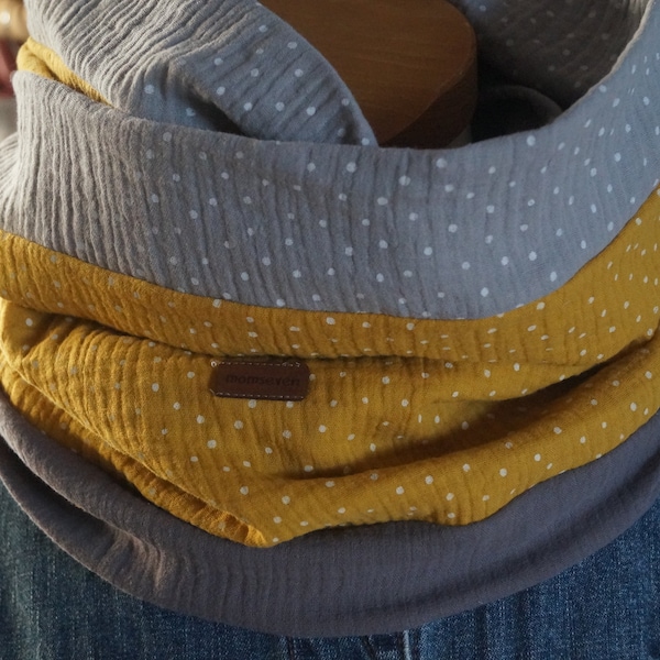 Loop scarf muslin dark grey uni dots mustard yellow/white dots grey/white loop