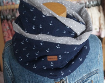 Loop scarf muslin anchor white on dark blue & dots white on gray loop