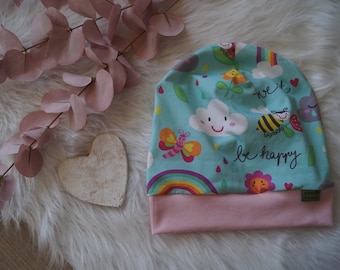 Beanie hat "be happy" bee cloud flower butterfly