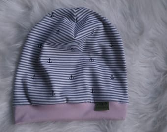 Beanie-Mütze Minianker schwarz Streifen grau weiß Bündchen rosa Anker verschiedene Größen!