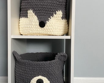 Bear and Fox Baskets - Nursery Baby Basket - Wilderness Animals - Woodland Forest - Grey/Off White - Storage