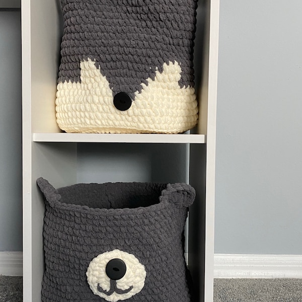 Bear and Fox Baskets - Nursery Baby Basket - Wilderness Animals - Woodland Forest - Grey/Off White - Storage