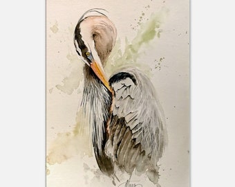 Watercolour print of heron on canvas, watercolor art, bird painting large canvas art.