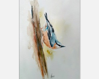 Watercolour Bird print, Nuthatch watercolour on canvas, canvas art, wall decor