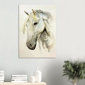 White horse watercolour print on Canvas, grey horse art, horse painting, horse print.