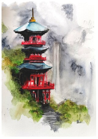 Quadro Su Tela – Tempio Giapponese In Autunno – Stampa Artistica 46x31 Cm – Nero, Bianco, Verde – Pronto Da Appendere