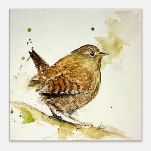 Zaunkönig Aquarell auf Leinwand, Vogel Druck, Kunstdruck.