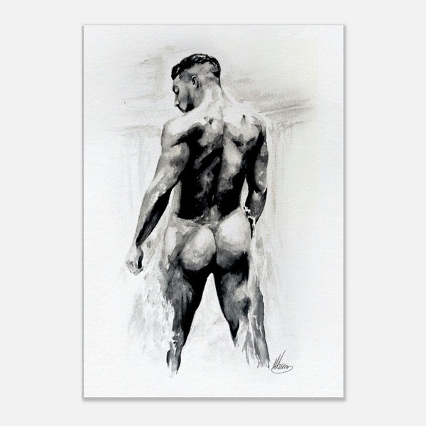 male nude study print, black & white nude watercolour print on canvas in multiple sizes muscular nude male painting, sensual nude male art