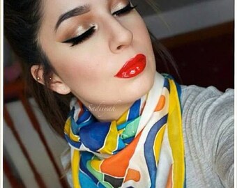 Mediterranean colours, Moroccan tile design, silk scarf, birthday gift, gift for her, wedding gift, summer, holiday scarf